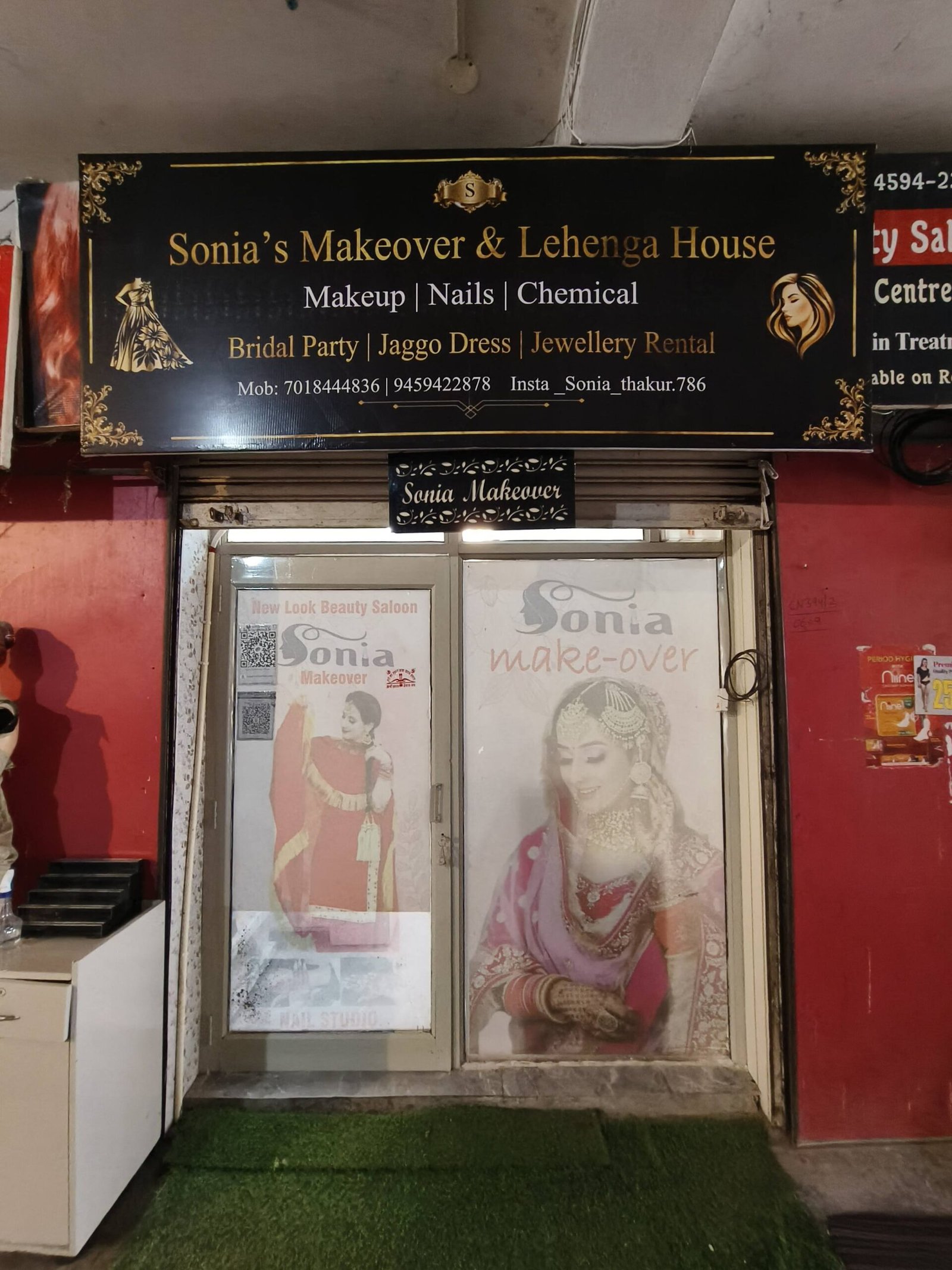 Shopfront sign reading 'Sonia's Makeover & Lehenga House' offering makeup, nails, chemical services, bridal party, dress rental.