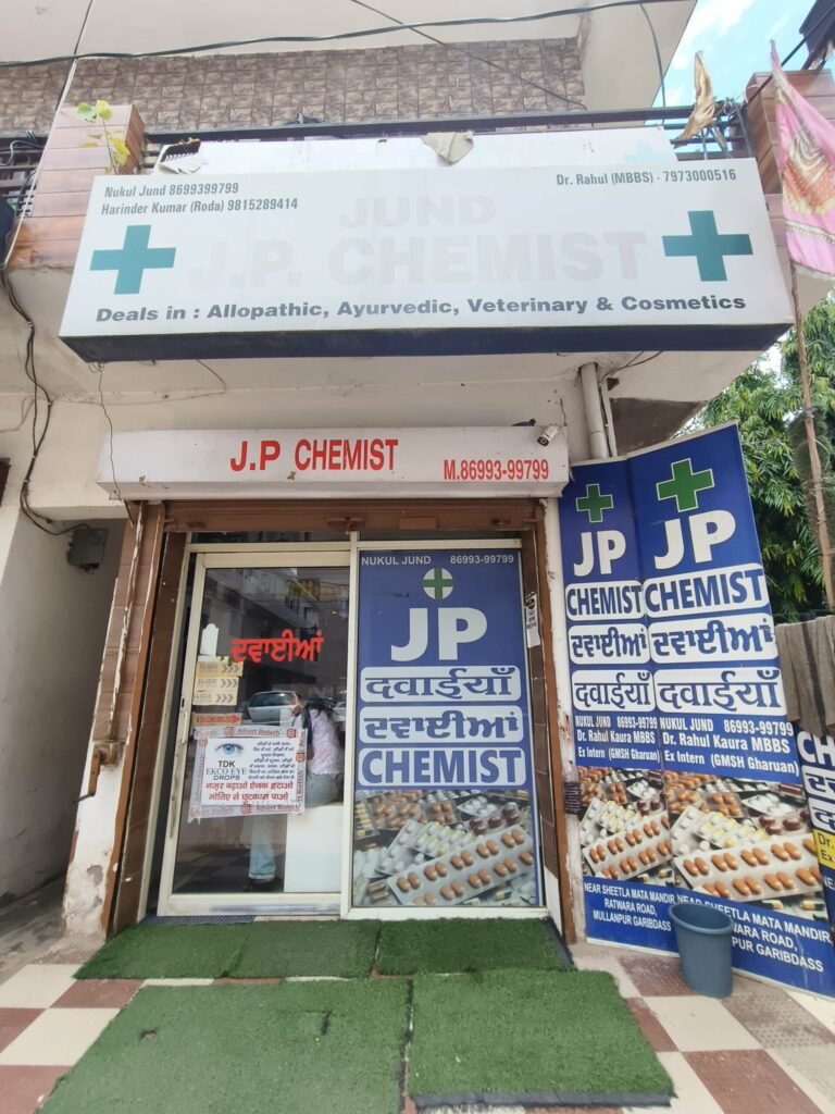 Shopfront sign for J.P. CHEMIST with teal medical crosses and text 'Deals in Allopathic, Ayurvedic, Veterinary & Cosmetics' visible; entrance covered with green artificial turf mats and blue advertising boards nearby.