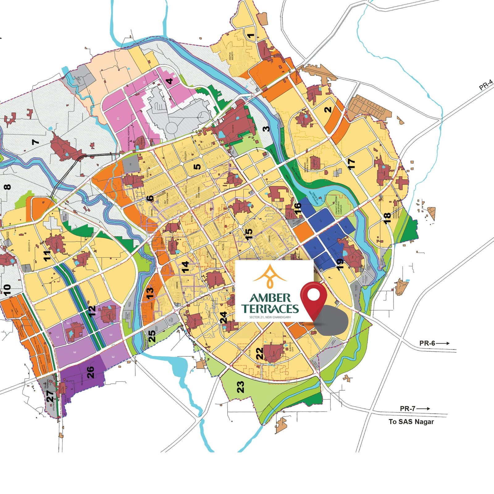 Color-coded city zoning map showing land use by sector with numbered districts and blue rivers; overlay includes Amber Terraces branding.