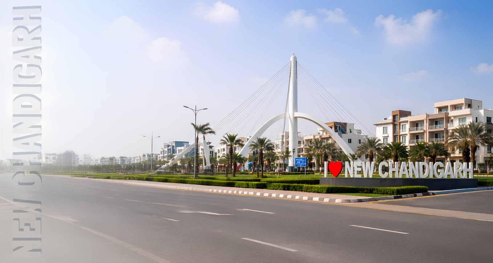 Entrance roundabout with a white arch sculpture and the sign 'I love NEW CHANDIGARH' beside palm trees and low hedges.