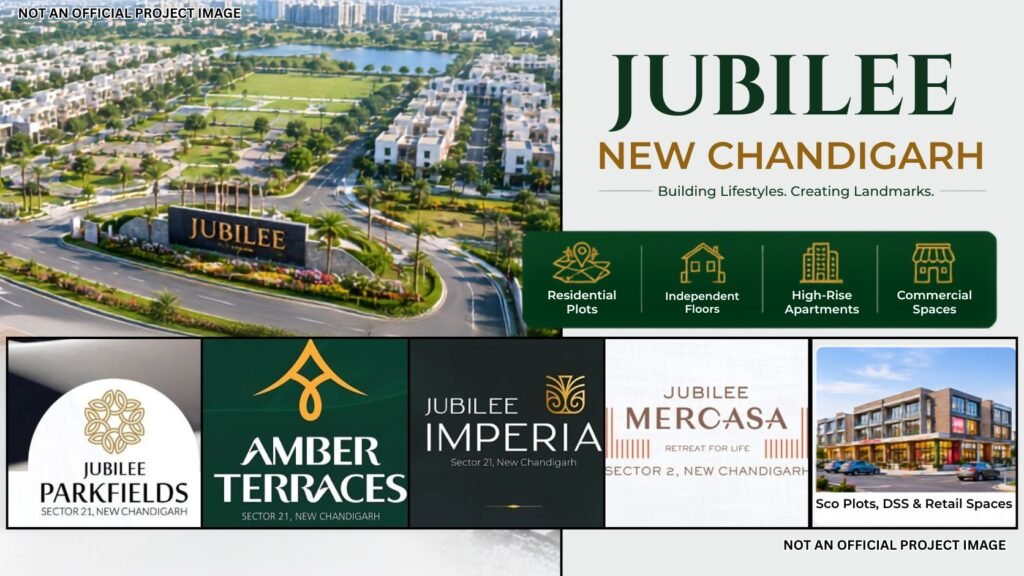 Aerial view of Jubilee New Chandigarh development with a prominent entrance sign, plus a green panel listing Residential Plots, Independent Floors, High-Rise Apartments and Commercial Spaces; collage of Jubilee logos below; watermark NOT AN OFFICIAL PROJECT IMAGE.